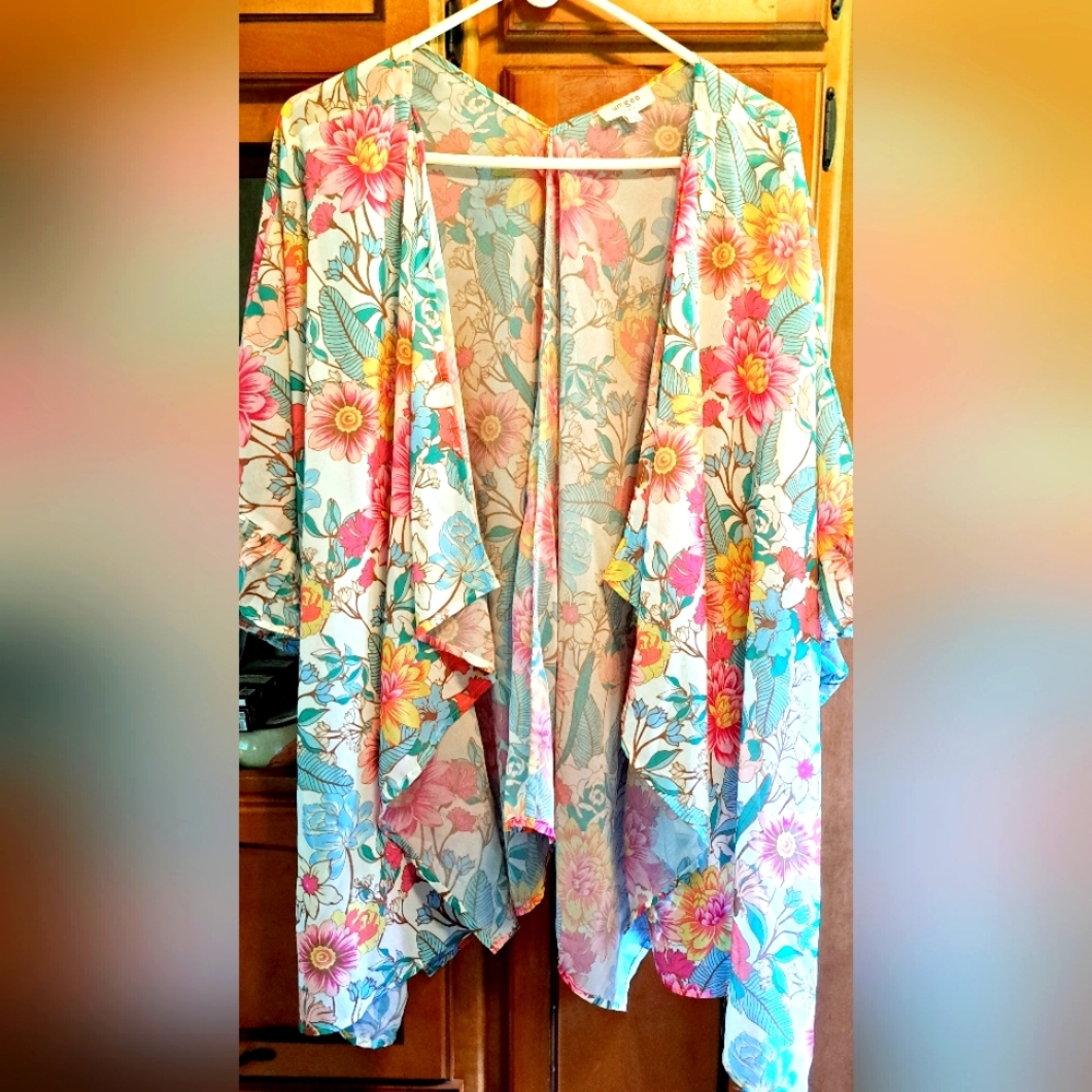 Ladies Umgee Kimono Floral Ruffle Trim Sleeve Wrap Cream Teal Pink  Lrg/XL
